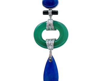 Green Agate, Lapis, Onyx, Diamonds, Platinum Pendant Necklace.