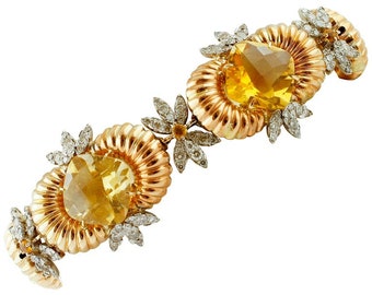 Diamonds, Yellow Topazes, 14 Karat Rose and White Gold Retrò Link Bracelet