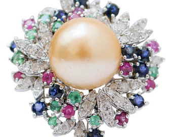 Pearl, Sapphires, Diamonds, Emeralds, Rubies, 14 Karat White Gold Ring.