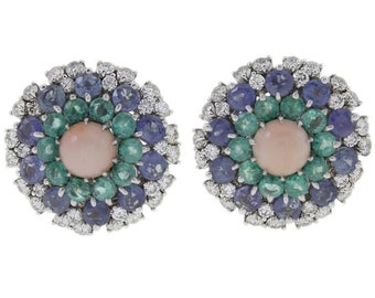 White Diamonds, Blue Sapphires, Emeralds, Pink Coral White Gold Stud Earrings