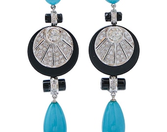 Turquoise, Onyx, Diamonds, Platinum Earrings.