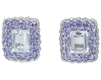 Diamonds, Tanzanite, Aquamarine, 14 Karat White Gold Clip-On Earrings