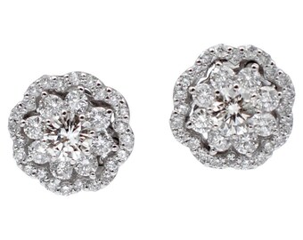 1.65 Carat White Diamonds, 18 Karat White Gold Flower Stud Earrings