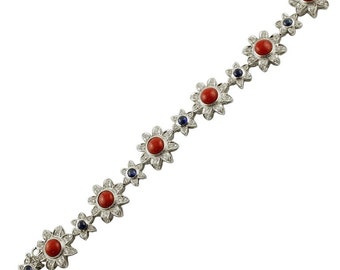 Red Corals, Diamonds, Blue Sapphires, 14 Karat White Gold Link Bracelet