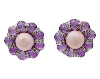 Amethyst, Diamonds, Coral, 18 Karat White Gold Stud Earrings