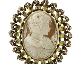 Cameo, Peridot, Diamonds, Rubies, 9 Karat Rose Gold and Silver Pendant/Brooch