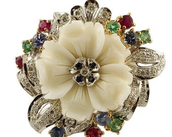 Diamonds,Rubies,Emeralds,Sapphires,White Coral 14 Karat Rose and White Gold Ring