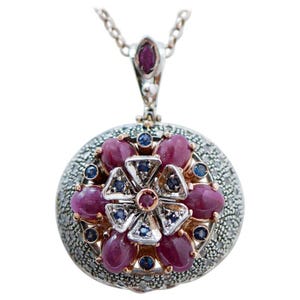 Rubies, Sapphires, Diamonds, 14 Karat Rose Gold and Silver Pendant.