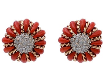 Coral, Diamonds, 14 Karat Rose and White Gold Stud Earrings