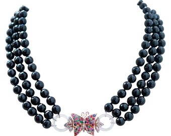 Onyx, White Stones, Rubies, Sapphires, Diamonds, Gold and Silver Necklace