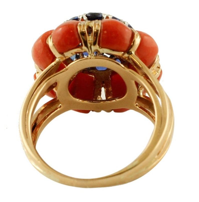 Diamonds Blue Sapphires Coral 14k Yellow Gold Ring - Etsy