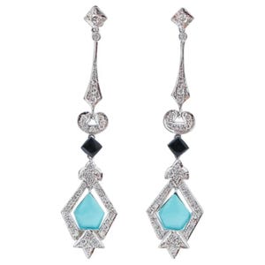 Turquoise, Black Agate, Diamonds, Platinum Earrings.