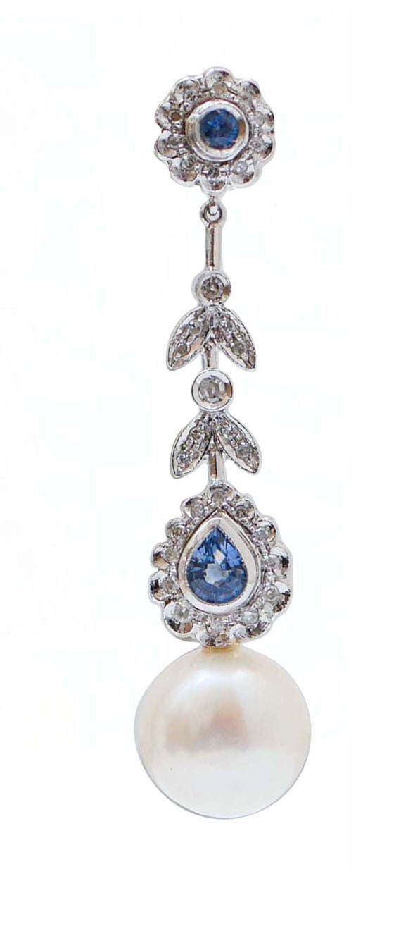 White Pearls, Sapphires, Diamonds, Platinum Earri… - image 2