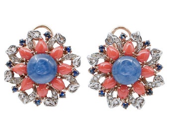 Kyanite, Corals, Sapphires, Diamonds, Rose Gold and Silver Earrings