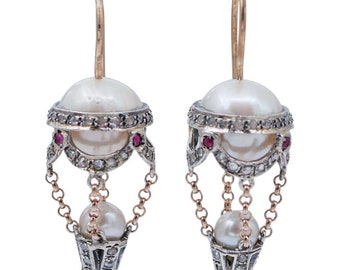 Pearls,Rubies,Diamonds,Rose Gold and Silver Hot Air Balloon Earrings