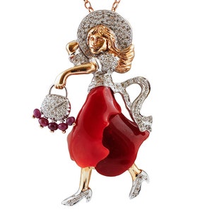 Diamonds, Rubies, Coral, White and Rose Gold, Lady pendant