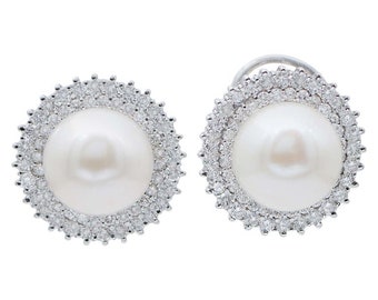 White Pearls, Diamonds, 18 Karat White Gold Stud Earrings