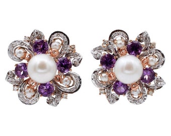 White Pearls,Diamonds, Amethysts, 14 Kt White and Rose Gold Earrings