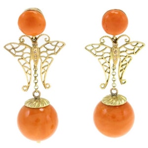 Orange Coral Spheres, Diamonds, Butterfly Shape in 14k Yellow Gold, Drop Earrings