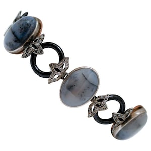 Diamonds, Moss Agate, Onyx, Rose Gold and Silver Link Bracelet.