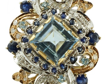 Topaz Aquamarine, Sapphires 14k White and Rose Gold Retro Ring