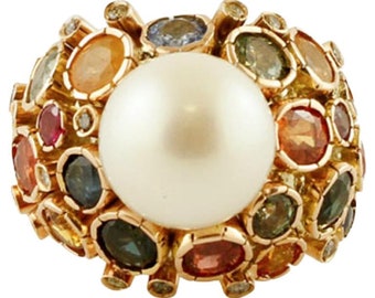 Diamantes, zafiros, perla del mar del sur, anillo vintage de oro amarillo de 14k