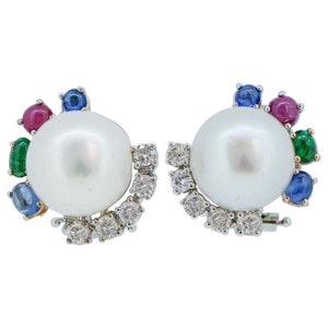 South-Sea Pearls, Rubies, Emeralds, Sapphires, Diamonds, 18 Kt Gold Earrings
