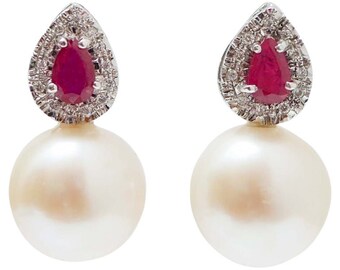 White Pearls, Rubies, Diamonds, Platinum Earrings.
