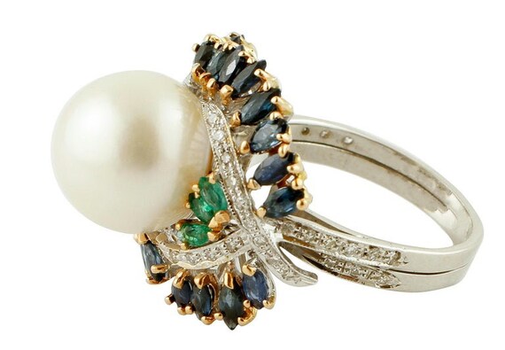 Diamonds, Emeralds, Blue Sapphires, Pearl, 14k Wh… - image 2