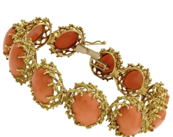 Oval Shape Orange Corals,18K Yellow Gold Clamper Retrò Bracelet