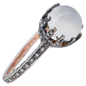 Moonstone,Diamonds,14 Karat Rose Gold and Silver Ring.
