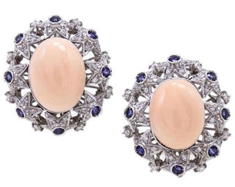 Oval Shape Pink Coral,Diamonds,Blue Sapphires,18K White Gold Clip-on Earrings