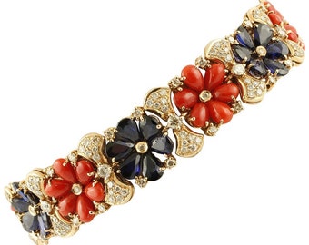 Diamonds, Blue Sapphires, Red Corals Rose Gold Link Retrò Bracelet