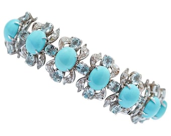 ターコイズ、アクアマリン、ダイヤモンド、14 カラットのホワイト ゴールド ブレスレット。