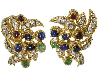 Diamonds Sapphires Rubyes Emeralds Yellow Gold Earrings