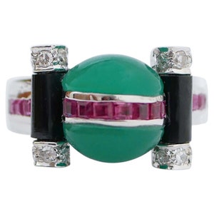 Green Agate, Onyx, Rubies, Diamonds, 14 Karat White Gold Ring