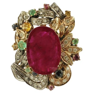 Central ruby, Emeralds, Sapphires and Diamonds, 9k Yellow Gold and Silver Vintage Ring