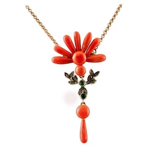 Coral ,Diamonds, Tsavorite, Rose Gold Pendant Necklace