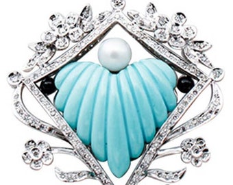 Diamonds, Pearls, Onyx, Turquoise, 18 Karat White Gold and Platinum Necklace