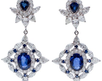 4.28 Carats Blue Sapphires, 5.18 Carats Diamonds, 18 Karat White Gold Earrings