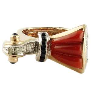 Red Coral Blue Sapphires Diamonds Rose and White Gold Ring