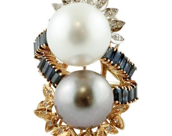Big White and Grey Pearls Diamonds Sapphires, 14Kt White, Rose, Yellow Gold Ring