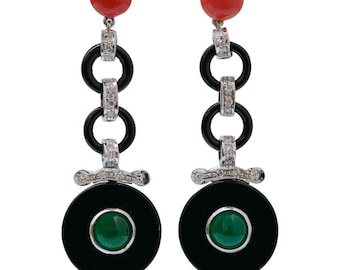 Coral, Onyx, Green Agate, Diamonds, PLatinum Dangle Earrings.
