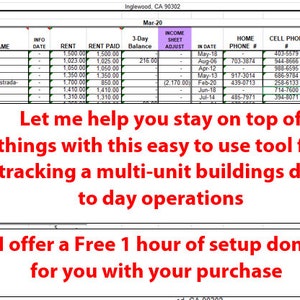 Può includere: Un foglio di calcolo con un bordo verde e nero, che mostra un elenco di inquilini, importi di affitto e date. Il foglio di calcolo è intitolato "Mar-20" e ha una colonna per "Regolazione del foglio dei redditi". Il testo "Let me help you stay on top of things with this easy to use tool for tracking a multi-unit buildings day to day operations" è scritto in rosso su sfondo bianco. Il testo "I offer a Free 1 hour of setup done for you with your purchase" è anche scritto in rosso su sfondo bianco.