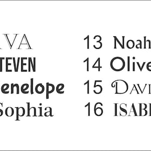 May include: A white background displays a list of names with numbers. Names include Ava, Steven, Penelope, Sophia, Noah, Oliver, David, and Isabella. Each name is in a different font style.