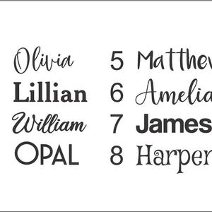 May include: A white background with the numbers 1 through 8, each paired with a name. The names include Olivia, Lillian, William, Opal, Matthew, Amelia, James, and Harper. The font styles vary.