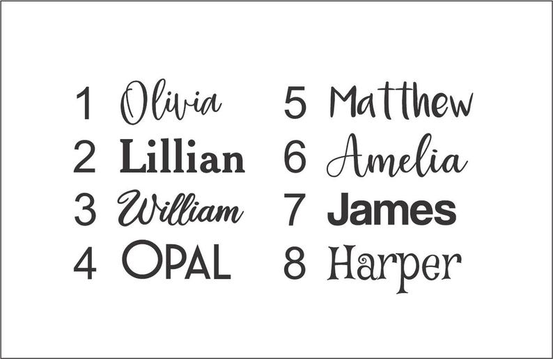 May include: A white background with the numbers 1 through 8, each paired with a name. The names include Olivia, Lillian, William, Opal, Matthew, Amelia, James, and Harper. The font styles vary.