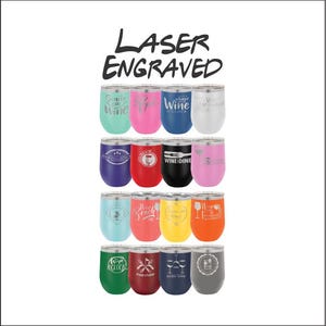May include: A collection of laser-engraved wine tumblers in various colors, including blue, pink, and orange. Each tumbler features a unique design or text, such as "Wine O'Clock" and "Wine Beach". The tumblers are designed to keep beverages cold.