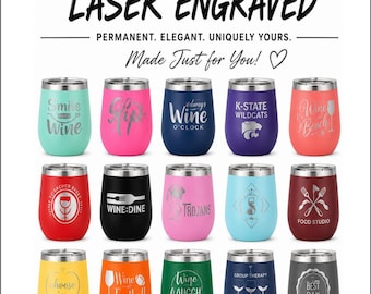 Personalized 12oz Wine Tumbler |  Laser Engraved Stemless Cup | Custom Name, Logo & Gift