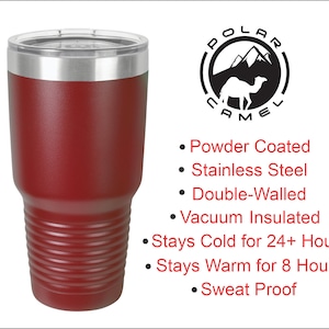 May include: A maroon, double-walled, vacuum-insulated tumbler with a stainless steel rim and lid. The tumbler has a powder-coated finish and features the "POLAR CAMEL" logo. Text on the image states it stays cold for 24+ hours and warm for 8 hours.